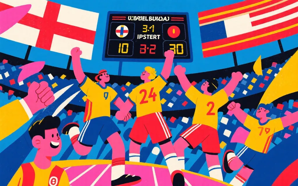 世界杯预选赛黑马逆袭：小国球迷挥舞旗帜，比分牌定格在爆冷瞬间的插画风画面