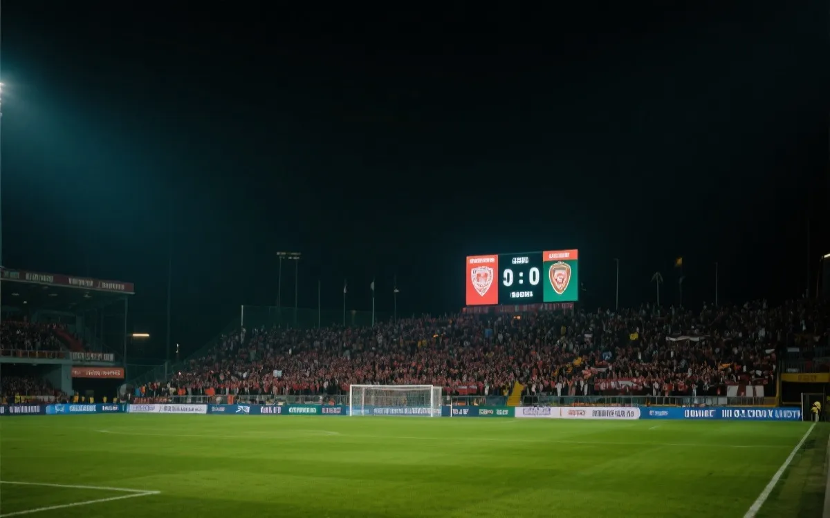 世界杯赛场氛围，球迷举旗与记分牌，小组赛到淘汰赛的紧张感